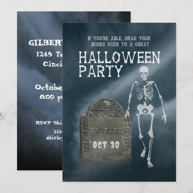 Halloween Party invitation Skeleton and Tombstone (Devant / Derrière)