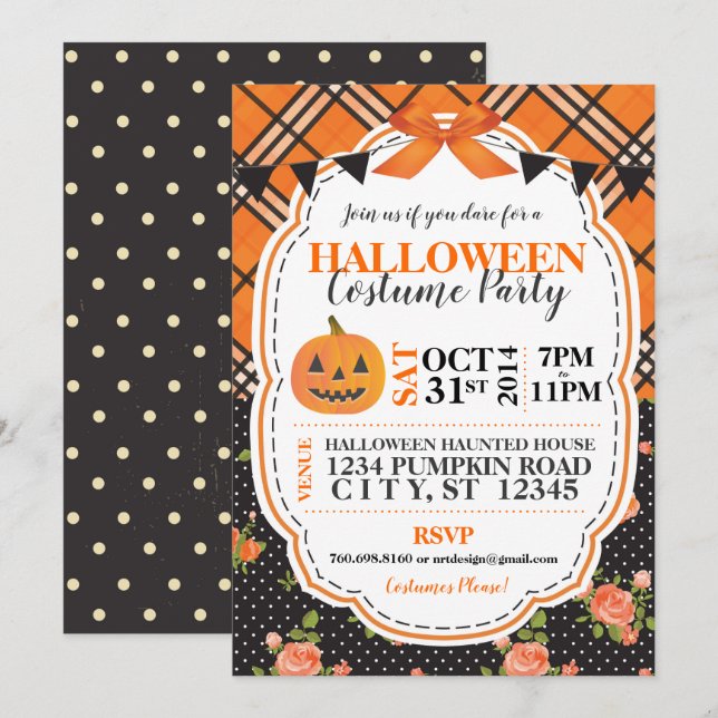 Halloween Plaid & Floral Invitation (Devant / Derrière)