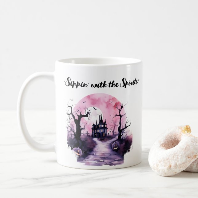 Halloween rose Mug mignonne Éffrayant, Maison hant (Avec donut)