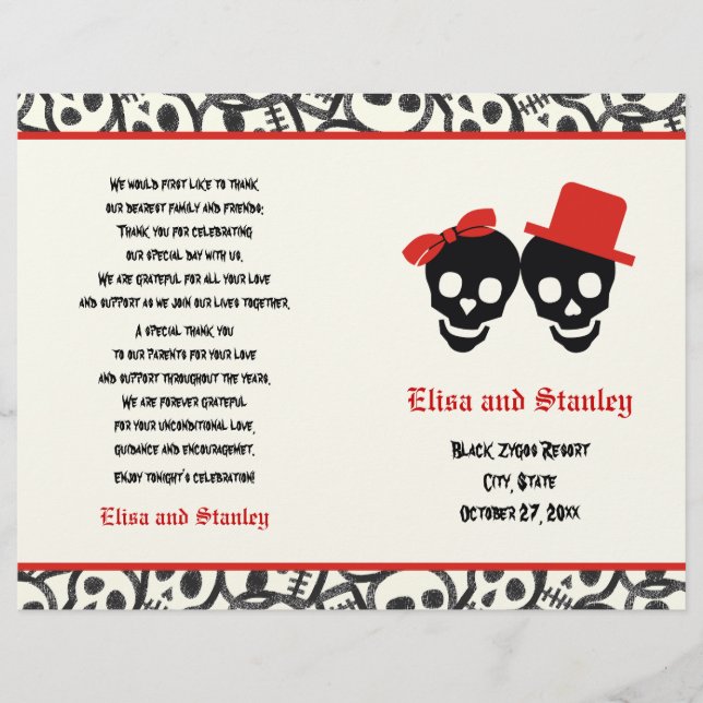 Halloween rouge et noir crâne mariage plié program (Devant)