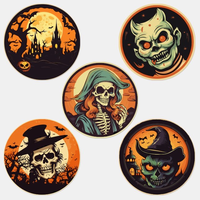 Halloween Skeleton Witch & Pumpkin Sticker Sheet – (Groupe)