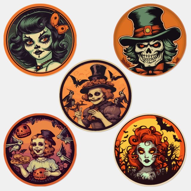 Halloween Skeleton Witch & Pumpkin Sticker Sheet – (Groupe)