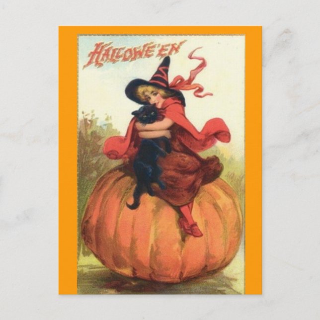halloween, sorcière, noir, chat, carte postale (Devant)