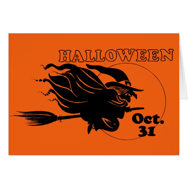 Halloween sorcière sur Broomstick Fun Greeting Car (Devant horizontal)