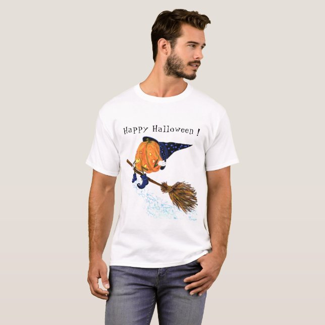 Halloween T-Shirt Sorcière Citrouille Volant Broom (Devant entier)