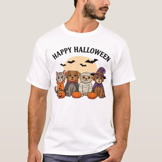 Halloween T-Shirt with Cute Cats and Dogs in Costu (Devant)