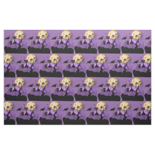 Halloween Tissu de coton peint chat et lune