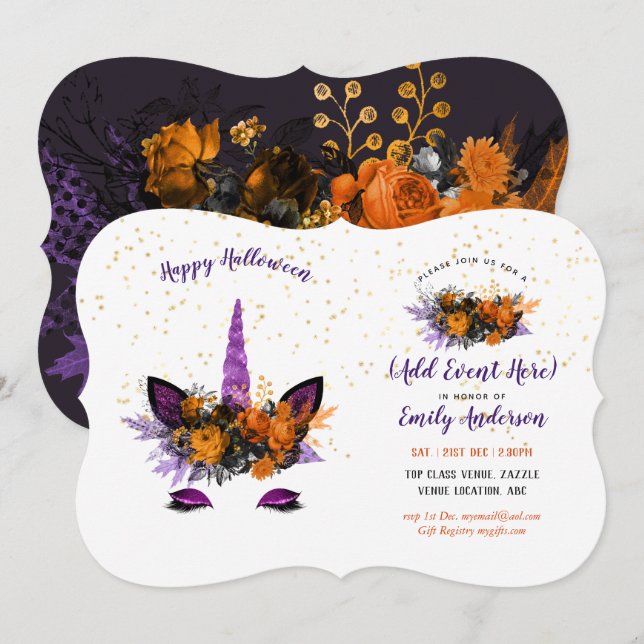 Halloween Unicorn Face Invitations N'IMPORTE QUEL  (Devant / Derrière)