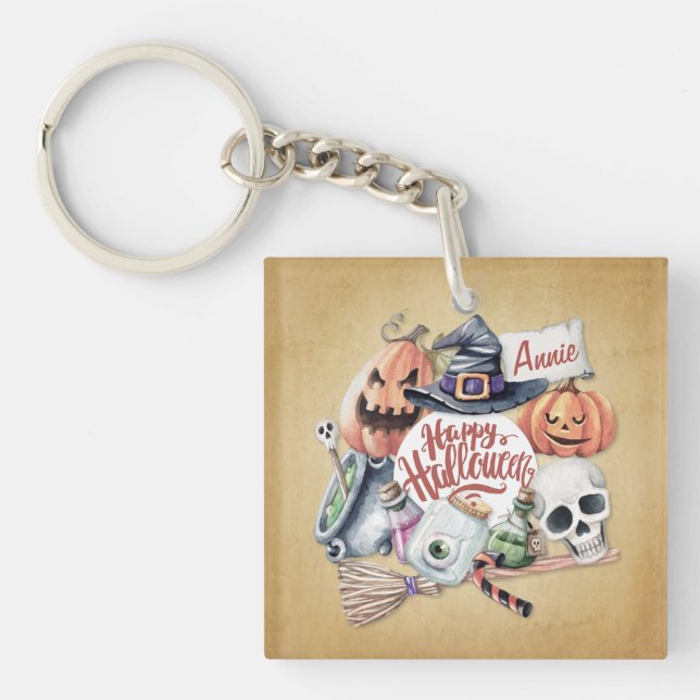 Halloween Vintage heureux personnalisé | Porte-clé (Devant)