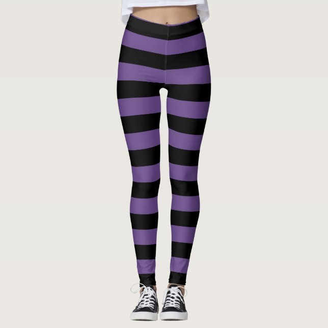 Halloween violet et noir rayé Leggings à thème (Devant)
