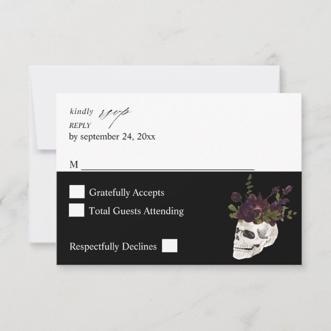 Halloween Violet Floral & Crâne sans RSVP de repas (Devant)