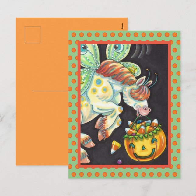 HALLOWEEN VOL HORSE CANDY CORN VACANCES CARTE POST (Devant / Derrière)