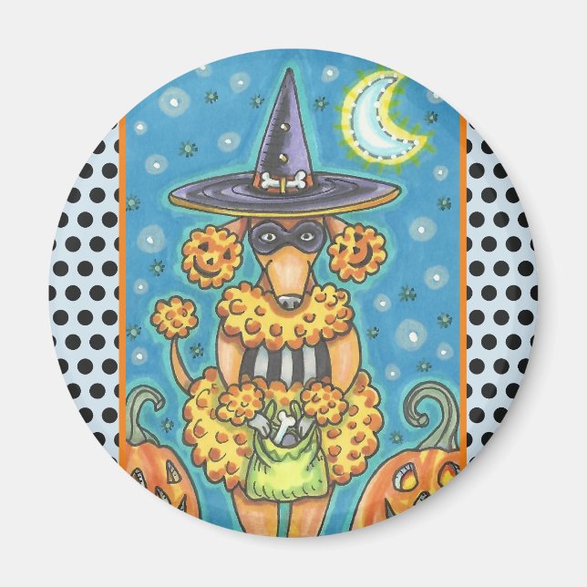 HALLOWEWEEN CITROUILLE POODLE, CHIEN MAGNET Round (Devant)