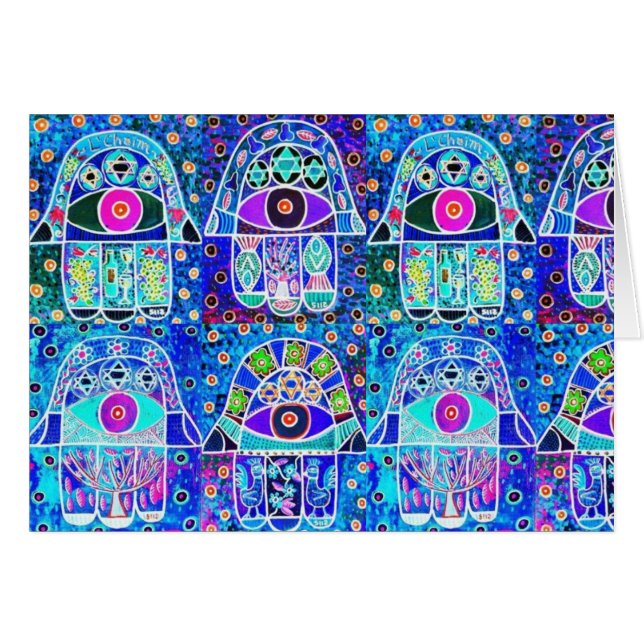 Hamsa bleu Tapastry vintage Judaica (Devant horizontal)