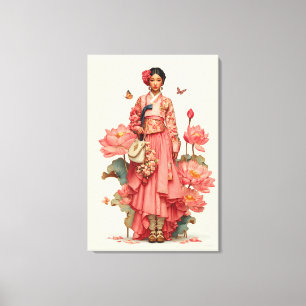 Hanbok Rose Élégant et Toile d'Art de Fleur de Lot