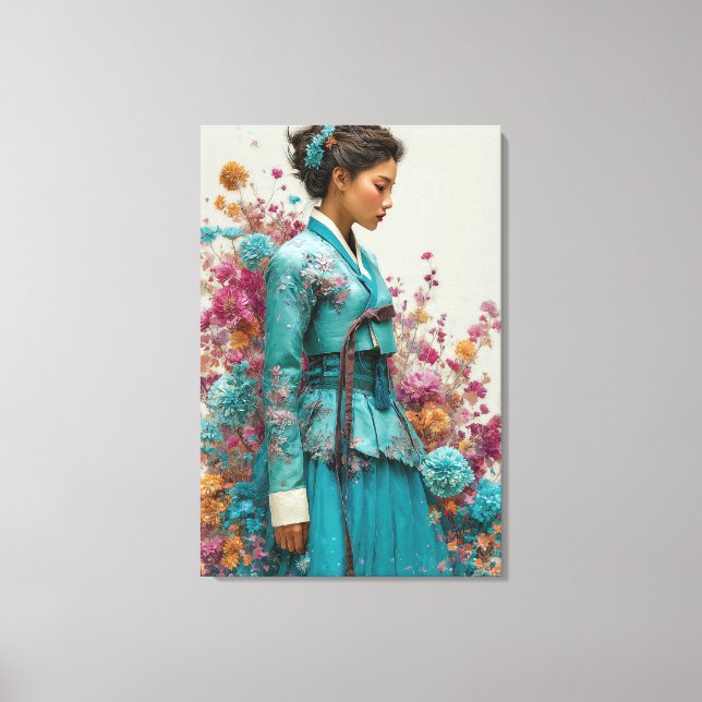 Hanbok sarcelle vibrant et toile d'art de fleurs s (Recto)