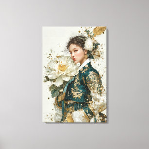 Hanbok vert foncé élégant et toile de pivoine bla