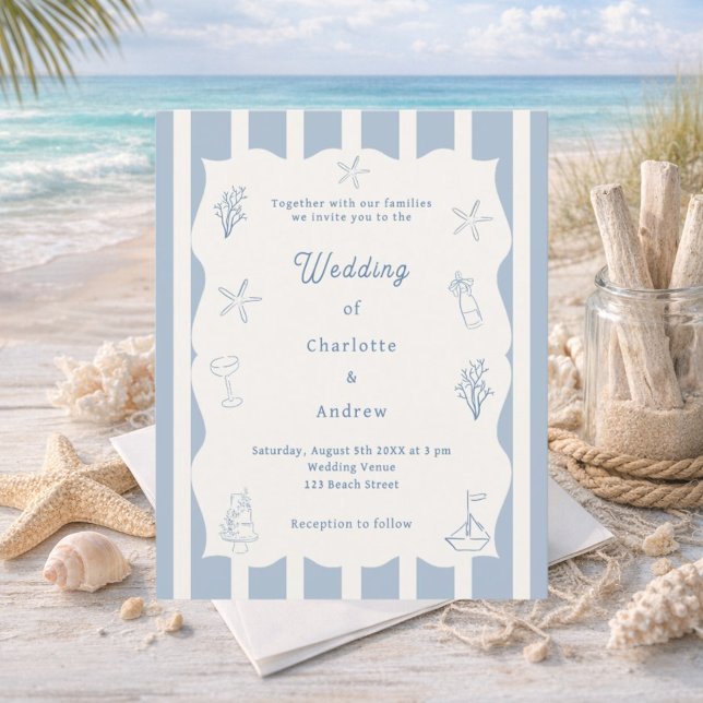 Hand drawn beach blue ivory wedding invitation (Créateur téléchargé)