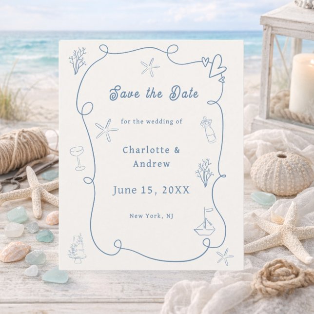 Hand drawn beach blue ivory wedding Save the Date (Créateur téléchargé)