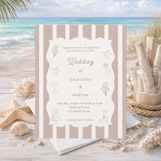 Hand drawn beach ivory taupe wedding invitation (Créateur téléchargé)