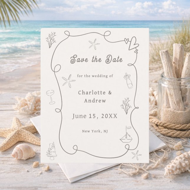 Hand drawn beach ivory taupe wedding Save the Date (Créateur téléchargé)