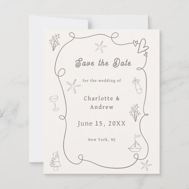 Hand drawn beach ivory taupe wedding Save the Date (Devant)