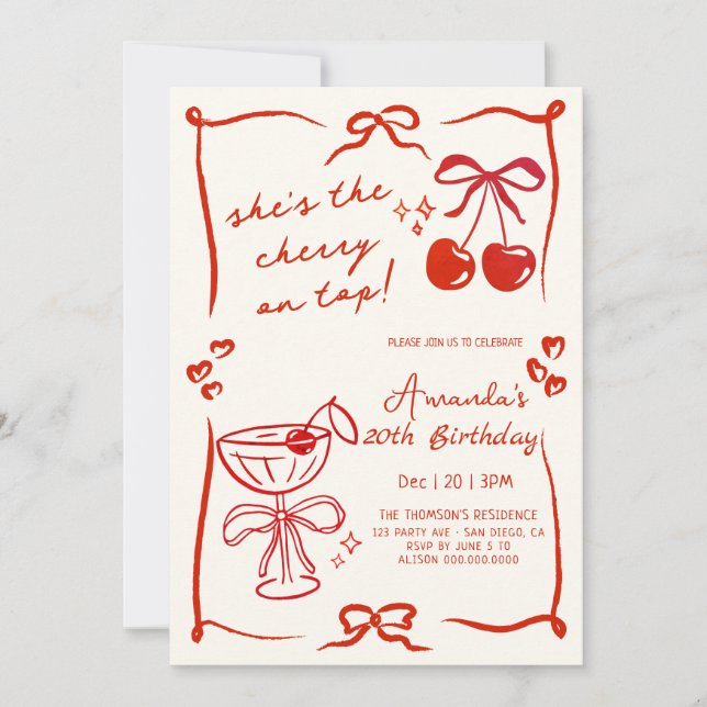 hand-drawn cherry martini birthday invitation (Devant)