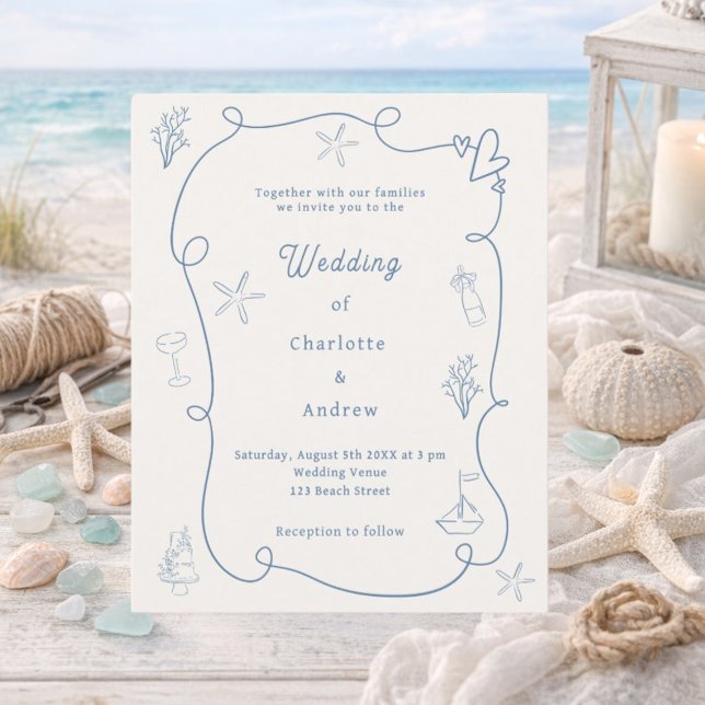 Hand drawn coastal blue ivory wedding invitation (Créateur téléchargé)
