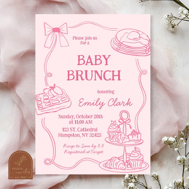 Hand Drawn Doodles Pink Baby Brunch Invitation (Créateur téléchargé)