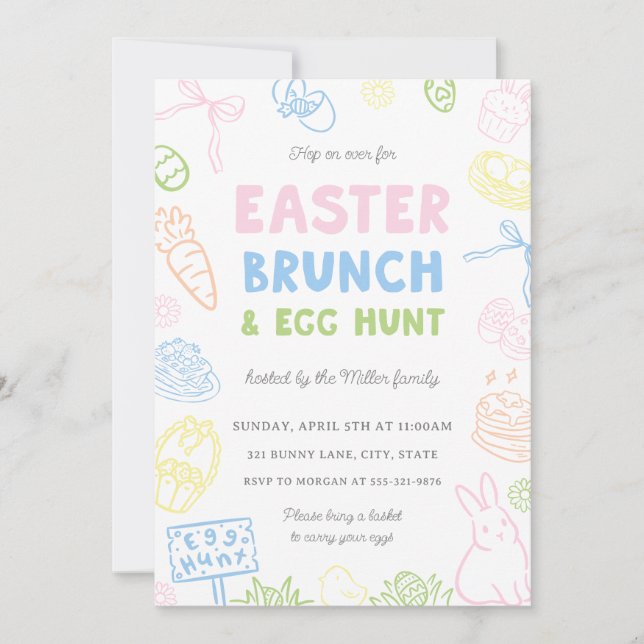 Hand Drawn Pastel Easter Brunch & Egg Hunt Invites (Devant)