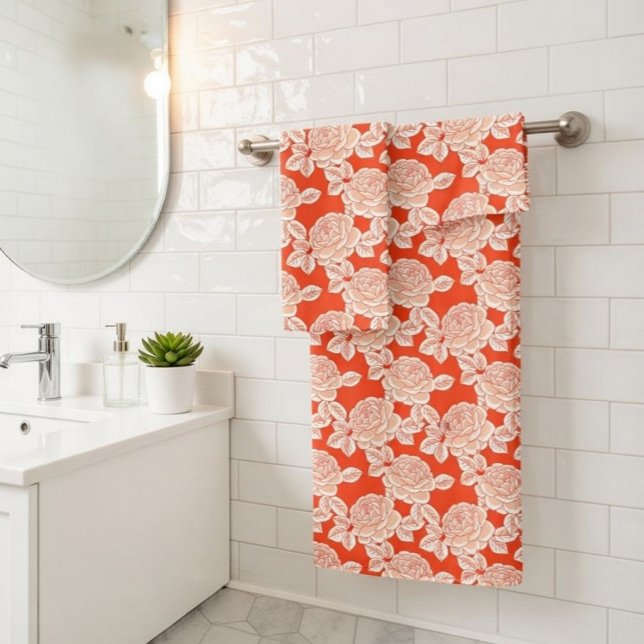 Hand Drawn Peony Floral Coral Red Towel Set (Créateur téléchargé)