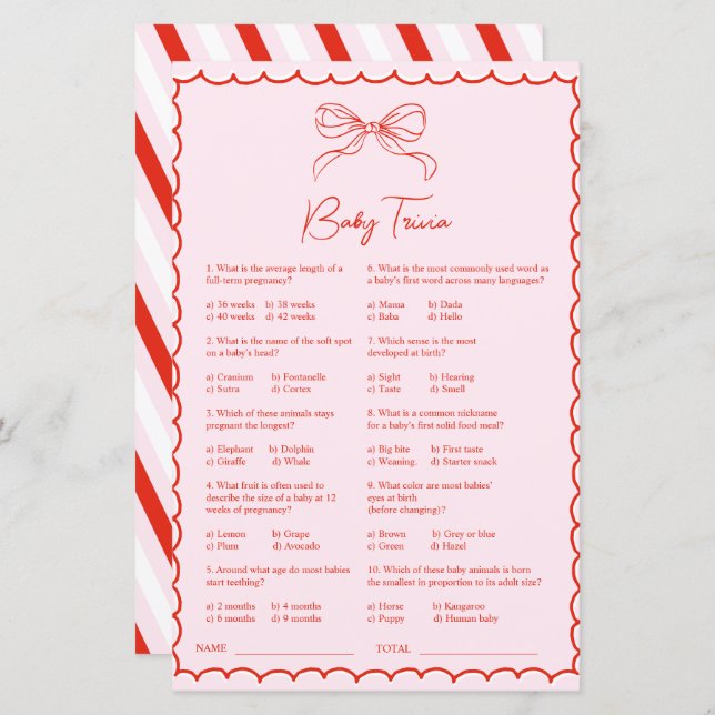 Hand Drawn Pink Red Baby Trivia Baby Shower Game (Devant / Derrière)
