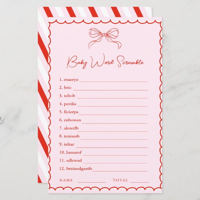 Hand Drawn Pink Red Word Scramble Baby Shower Game (Devant / Derrière)