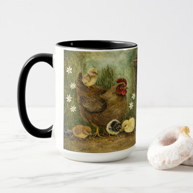 Hand-Painted Chicken & Chicks and Rooster Mug (Avec donut)