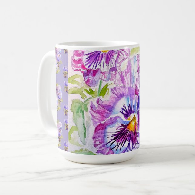 Hand Painted Purple Pansy Pansies floral Latte Mug (Devant gauche)