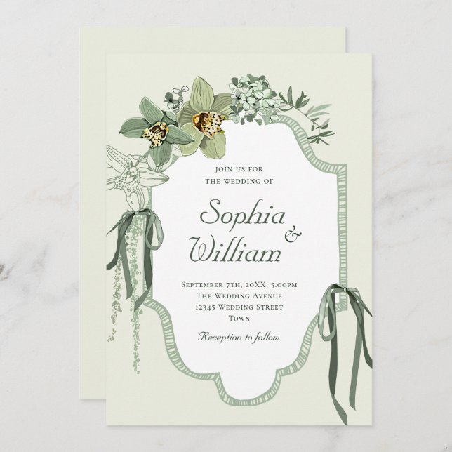 Hand Painted Sage Green Orchids Wedding Invitation (Devant / Derrière)