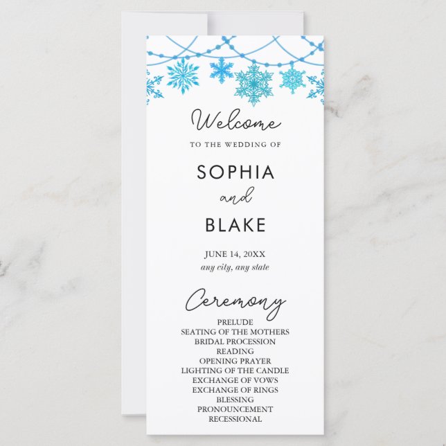 Hanging Blue Snowflakes Programme de mariage blanc (Devant)