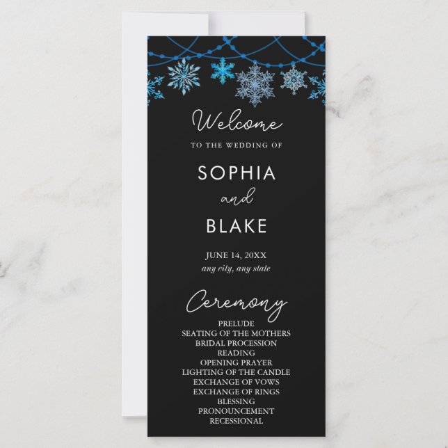 Hanging Blue Snowflakes Programme de mariage noir (Devant)