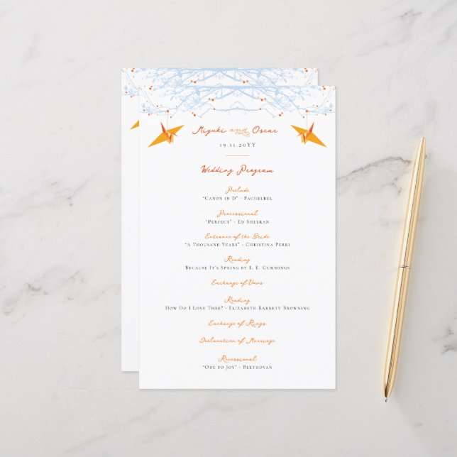 Hanging Orange Papier Granes Programme de mariage  (Devant/Arrière en situation)
