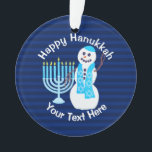 Hanoukka Juif Snowman Blue Menorah Chrismukkah<br><div class="desc">Accrochez-vous à cet ornement Hanoukka personnalisé depuis une fenêtre, le manteau de cheminée ou sur le buisson Chanukkah si vous en avez un. Votre texte blanc personnalisé apparaît sur les bandes bleu marine d'un côté, sans texte et une version plus grande du bonhomme de neige souriant et de Hanukiah bleu...</div>
