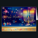Hanoukka Lights Festival Fête Menorah<br><div class="desc">Happy Hanoukka Beautiful Jewish Holiday Festival of Lights Greeting Card. Arrière - plan juif de Holiday Hanoukka avec les symboles traditionnels de Chanoukah - dêidels en bois de hanukkiah or (dessus filant), beignets, menorah, bougies, étoile de David et bokeh lumières brillantes, motif de papier peint scintillant. Décoration du Festival d'Hanoukka....</div>