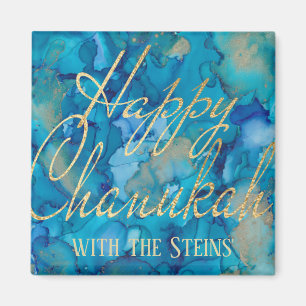 Hanoukka Magnet Carré Happy Chanukah Gold/Blues