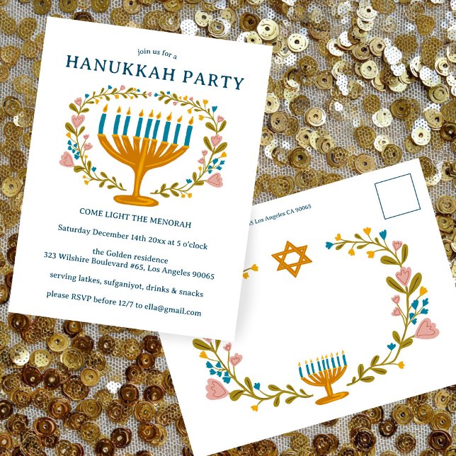 HANOUKKA PARTY Invitation couronne florale CUSTOM (HANUKKAH PARTY Invitation floral wreath CUSTOM Postcard
)