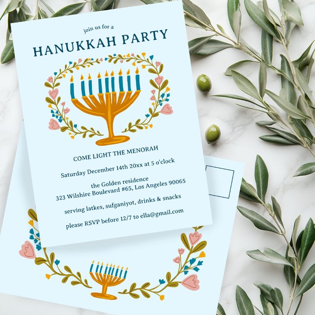 HANOUKKA PARTY Invitation couronne florale CUSTOM (HANUKKAH PARTY Invitation floral wreath CUSTOM Postcard
)