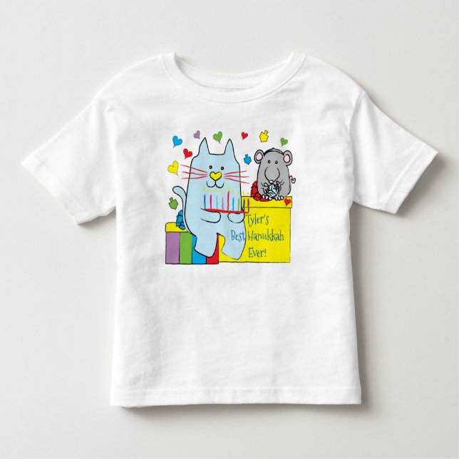 Hanoukka Toddler Jersey T-Shirt Blue Chat et souri (Devant)