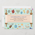 Hanukkah Celebration Invitation<br><div class="desc">A festive Hanukkah invitation with a background of Hanukkah elements and an open Torah to hold your celebration details. (Light vector created by freepik - www.freepik.com). The card is easy to customize with your wording, font, font color and paper shape options. Not exactly what you're looking for? All our products...</div>