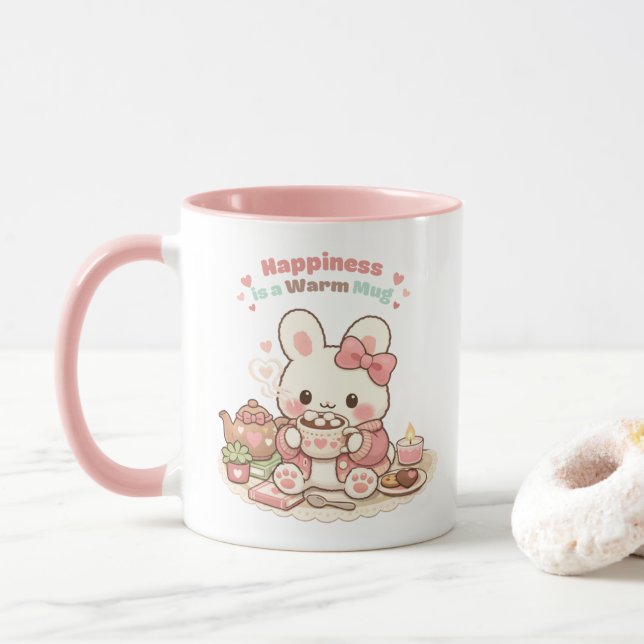 Happiness is a Warm Mug Cute Bunny Rabbit Pink (Avec donut)