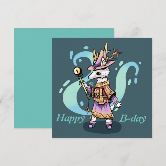 Happy B-day birthday card fantasie wolfje (Devant / Derrière)