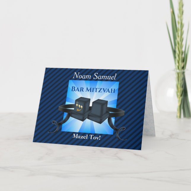 Happy Bar Mitzvah 20XX Tefillin Blue Invitation (Devant)