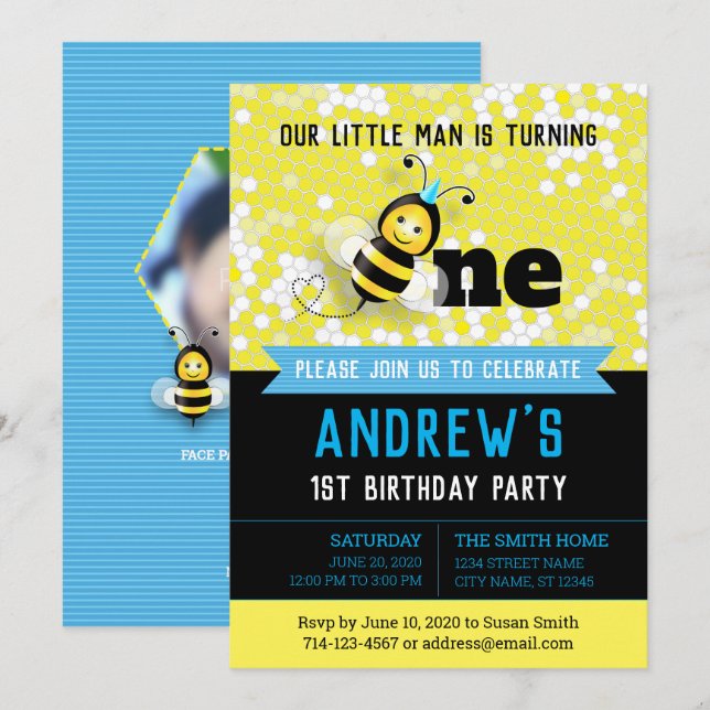 Happy Bee 1er Anniversaire Invitation avec photo (Devant / Derrière)